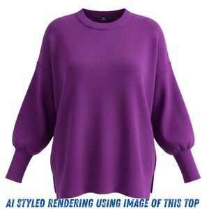LILLUSORY Women's Large Oversized Lantern Sleeve Crewneck Knit Sweater Purple